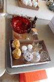 CREAM & SUGAR, SALT & PEPPER SHAKERS, SHOT GLASSES, AND RED CANDY DISH