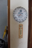 WELDER SUPPLY THERMOMETER, NSP THERMOMETER, PHEASANT CLOCK, ALL-WOOD BENCH