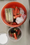 Small Pail of Misc 12ga Shells, Tape Measure, Dewalt Drill Bits, Jar of Empty Shell Casings