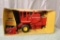 1/32 MASSEY FERGUSON 760 COMBINE WITH BEAN HEAD, WHITE TOP CAB, YELLOW BOX, TOY NEEDS CLEANING, BOX