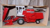 1/16 MASSEY FERGUSON 850 COMBINE WITH HEADS, GRAY CAB, TOY NEEDS CLEANING, BOX HAS WEAR