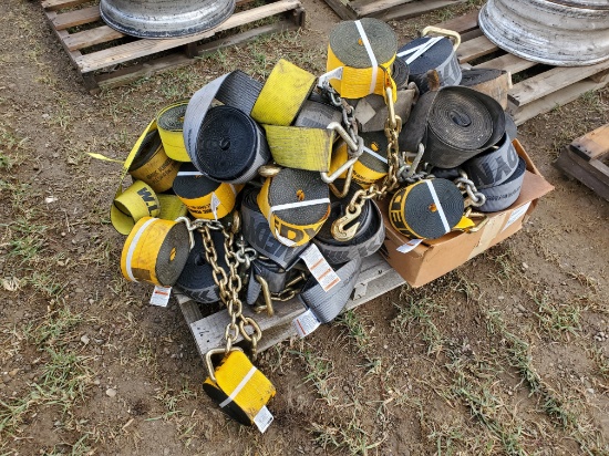 Approx. 30 New & Used 4" Straps With Chains & Hooks