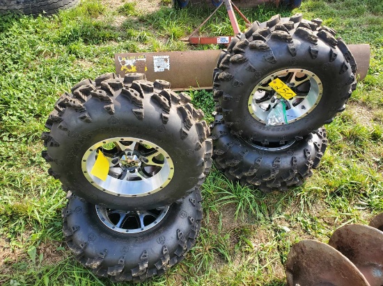 (4) AT26 X 12.00 - 12 ATV Tires With 4 Bolt SS Wheels & Lug Nuts Fits Arctic Cat Only