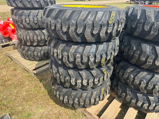 (4) New 10-16.5 12 Ply Skid Steer Tires On NH/JD/Cat 8 Bolt Wheels