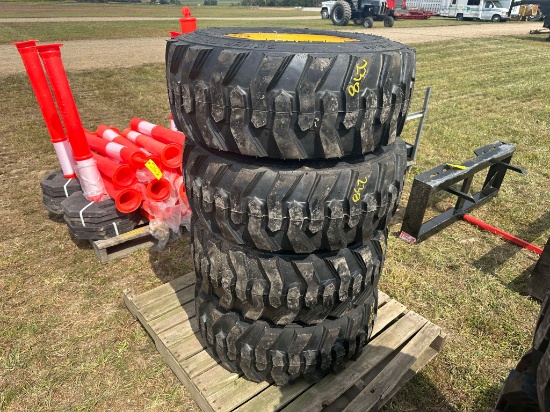 (4) New 12-16.5 14 Ply Skid Steer Tires On NH/JD/Cat 8 Bolt Wheels
