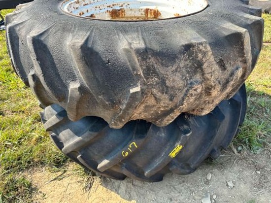 Pair Of 16.9 X 30 Firestone All Traction Field & Road Tires On 8 Lug Wheels