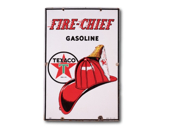 Texaco White-T Fire-Chief Gasoline Single Sided Porcelain Sign TAC 9