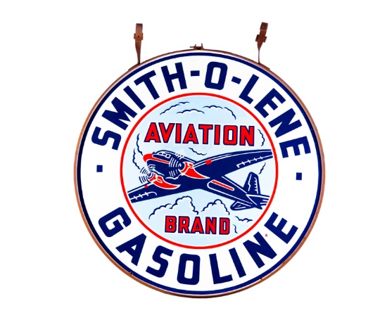 48" Smith-O-Lene Aviation Brand Gasoline DS Porcelain Sign & Original Metal Ring TAC 8.9 & 9