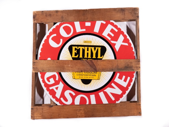 30" Col-Tex Gasoline with Ethyl Logo Double Sided Porcelain Sign - New in Original Crate TAC 9.75