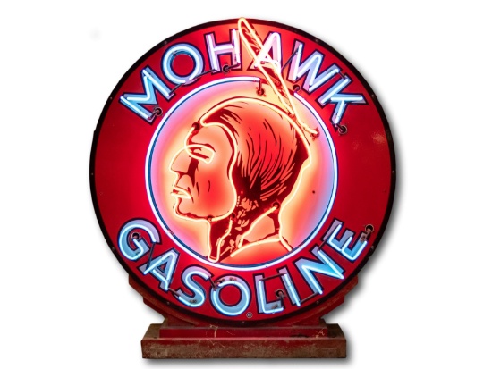 Rare 48" Mohawk Gasoline Single Sided Porcelain Neon Sign & Base TAC 9.75