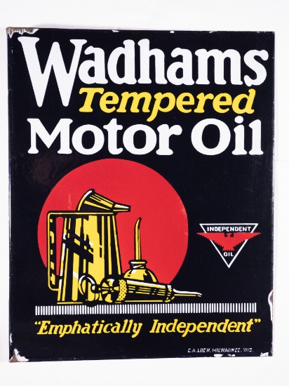 Wadhams Tempered Motor Oil Double Sided Porcelain Flange Sign TAC 9.25