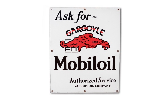 Circa 1920's Ask for Gargoyle Mobiloil Authorized Service Single Sided Porcelain Sign TAC 9.75