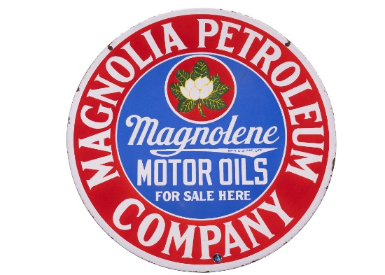 30" Magnolia Petroleum Company Magnolene Motor Oils Double Sided Porcelain Sign TAC 9
