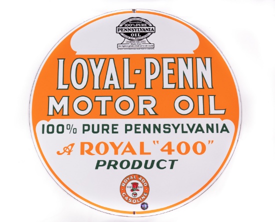 26" Red Hat Loyal-Penn Motor Oil "A Royal 400 Product" Double Sided Porcelain Sign TAC 9.75