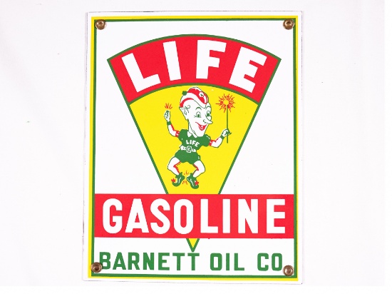 Circa 1940's Life Gasoline Barnett Oil Co Single Sided Porcelain Sign TAC 9.75