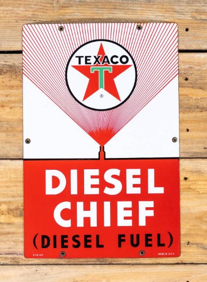 Texaco White-T Diesel Chief Single Sided Porcelain Pump Sign 9.5
