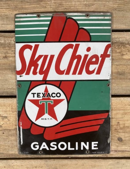 1940 Texaco White-T Sky Chief Gasoline Single Sided Porcelain Pump Plate Sign TAC 9