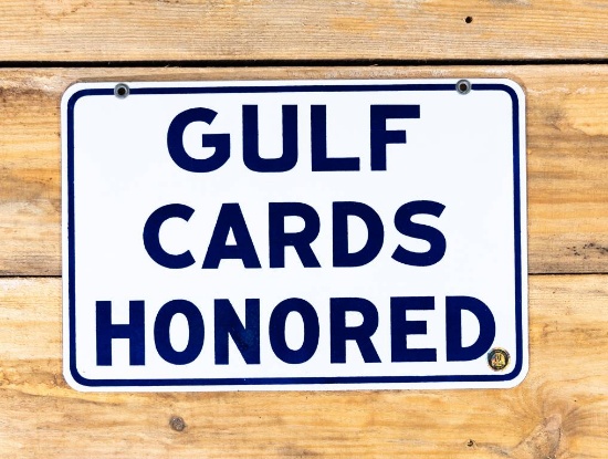 Gulf Cards Honored Double Sided Porcelain Sign TAC 9.75