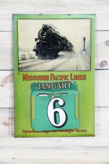 Missouri Pacific Lines w/ Train Single Sided Tin Calendar Holder Sign TAC 7.5