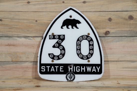 California State Highway Route 30 & Bear Single Sided Porcelain Jeweled Cat's Eye Road Sign TAC 8