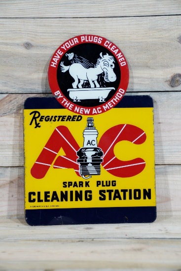 AC Spark Plug Cleaning Station w/ Sparky Logo Metal Diecut Flange Sign TAC 8.75