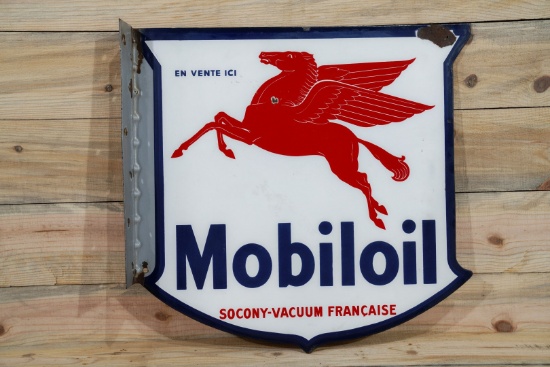 Mobiloil w/ Pegasus Socony-Vacuum Francaise Porcelain Diecut Flange Sign TAC 8.9 & 8