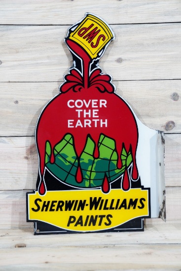 Sherwin-Williams Paints Cover The Earth Logo Porcelain Diecut Flange Sign TAC 9