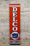 1954 Delco Batteries w/ Six Volt Battery Single Sided Tin Vertical Metal Sign TAC 8.9
