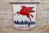 1936 Mobilgas w/ Pegasus Socony Vacuum Double Sided Porcelain Shield Shaped Sign TAC 8.5