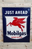 Mobilgas Just Ahead w/ Pegasus Single Sided Tin Embossed Metal Sign TAC 7.75