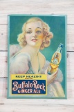 Buffalo Rock Ginger Ale w/ Pretty Lady Holding A Bottle Single Sided Tin Embossed Sign TAC 8