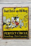 Perfect Circle Piston Rings w/ Hog Chained to Car Single Sided Tin Embossed Metal Sign TAC 6