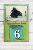 Missouri Pacific Lines w/ Train Single Sided Tin Calendar Holder Sign TAC 7.5
