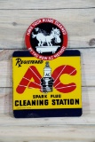 AC Spark Plug Cleaning Station w/ Sparky Logo Metal Diecut Flange Sign TAC 8.75