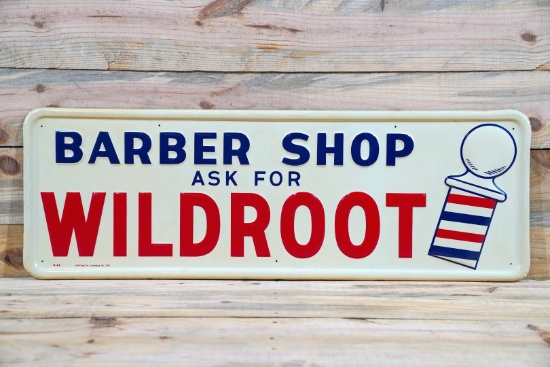 1956 Barber Shop Ask for Wildroot Single Sided Tin Embossed Metal Sign TAC 9