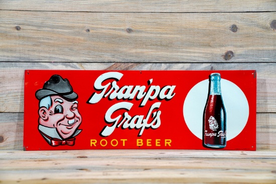Gran'pa Grafs Root Beer w/ Logo & Bottle Single Sided Tin Embossed Metal Sign TAC 9