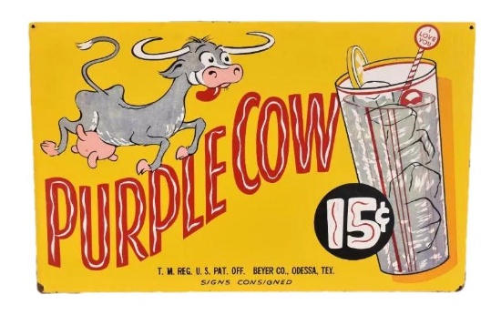 Purple Cow Soda 15 Cents & Cow Graphic Masonite Sign TAC 9