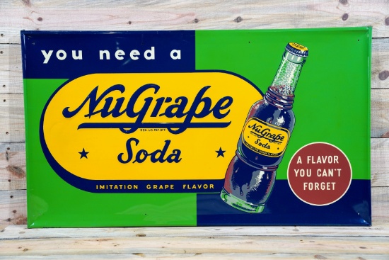1951 NuGrape Soda Single Sided Tin Embossed Metal Sign TAC 9