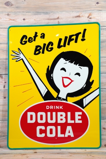 1959 Drink Double Cola "Get a Big Lift" Single Sided Tin Embossed Metal Sign TAC 9.5