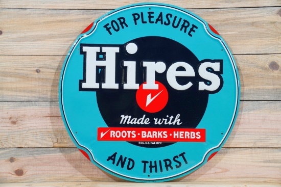 23" Hires "For Pleasure and Thirst" Root Beer Single Sided Tin Embossed Metal Sign TAC 9.5