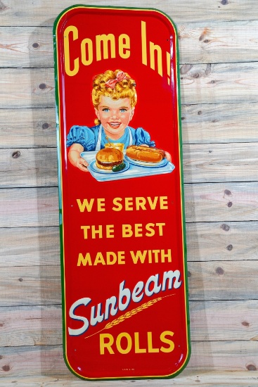 1952 Come In! Sunbeam Rolls Single Sided Tin Embossed Metal Sign TAC 9