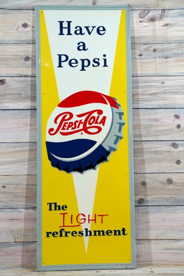 Have a Pepsi w/ Bottle Cap Logo Single Sided Tin Embossed Metal Vertical Sign TAC 9