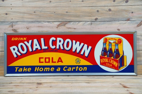 1942 Drink Royal Crown Cola w/ Six Pack Single Sided Tin Embossed Metal Sign TAC 9
