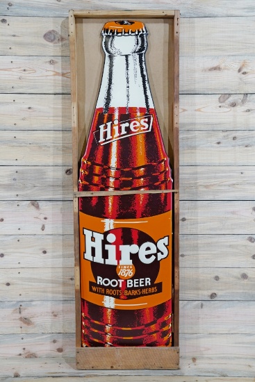 New Old Stock Hires Root Beer Bottle Shaped SST Emb Metal Sign & Original Shipping Crate TAC 9.25