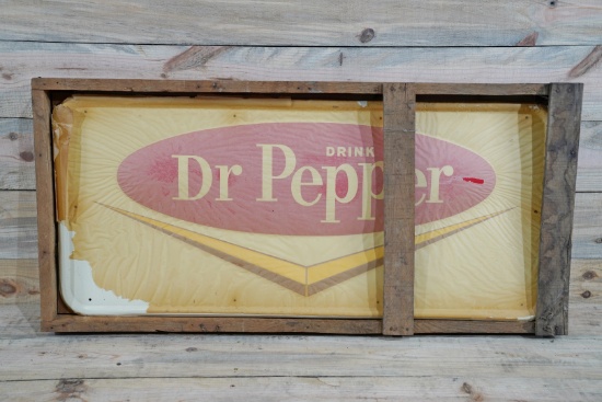 New Old Stock Drink Dr. Pepper V Logo Single Sided Tin Embossed Metal Sign & Original Crate TAC 9+