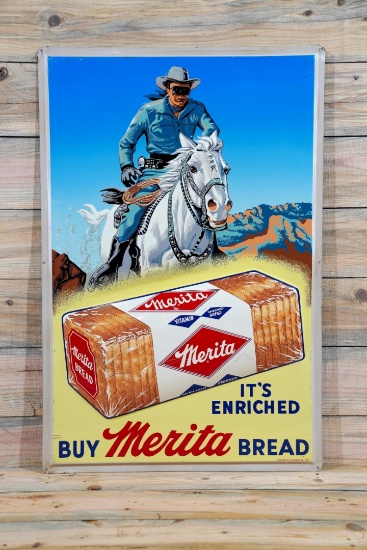 1959 Buy Merita Bread & Lone Ranger Single Sided Tin Embossed Metal Sign TAC 8.5