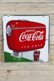 Drink Coca-Cola Ice Cold w/ Motor Style Dispenser Single Sided Porcelain Sign TAC 9.5