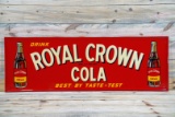 1949 Drink Royal Crown Cola w/ Two Bottle Logo Single Sided Tin Embossed Metal Sign TAC 9
