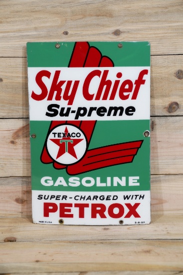 1959 Texaco White-T Sky Chief Petrox Single Sided Porcelain Pump Sign TAC 8.9