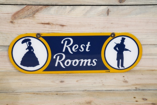 Sunoco Rest Room w/ Colonial Lady & Man Double Sided Porcelain Sign TAC 9